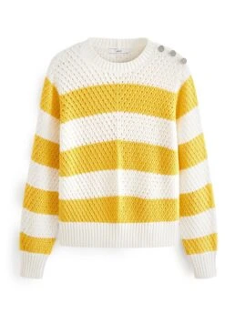 Next Gem Button Stitch Detail Crew Neck Standard - Trui - Yellow White Stripe