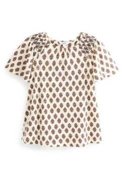 Next Smocked Short Sleeves Round Neck Petite - T-Shirt Print - Ecru Cream Print -Next 29205126b55f49518b665c4842c91226