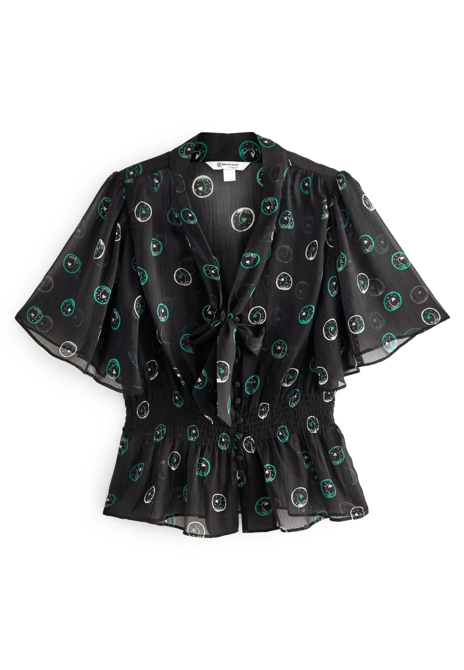 Next X Celia Birtwell Tie Neck Short Sleeve Standard - Blouse - Black Floral Spot 7 Next X Celia Birtwell Tie Neck Short Sleeve Standard - Blouse - Black Floral Spot - Afbeelding 5