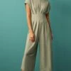 Next Short Sleeves Pleated Wide Leg Standard - Jumpsuit - Green