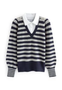 Next Gem Button Collar Layer V Neck Standard - Trui - Navy Blue Grey Stripe -Next 3021814685b8410aba04cbd8dafb9dcd