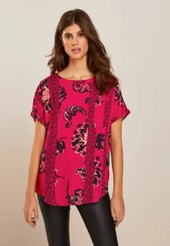 Next Short Sleeve Curved Hem Pocket - Blouse - Red Floral