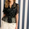 Next X Celia Birtwell Tie Neck Short Sleeve Standard - Blouse - Black Floral Spot