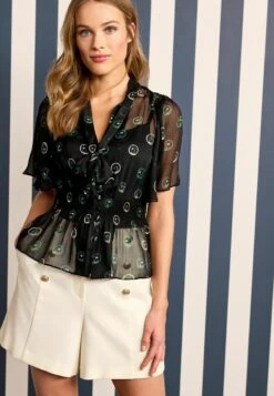 Next X Celia Birtwell Tie Neck Short Sleeve Standard - Blouse - Black Floral Spot